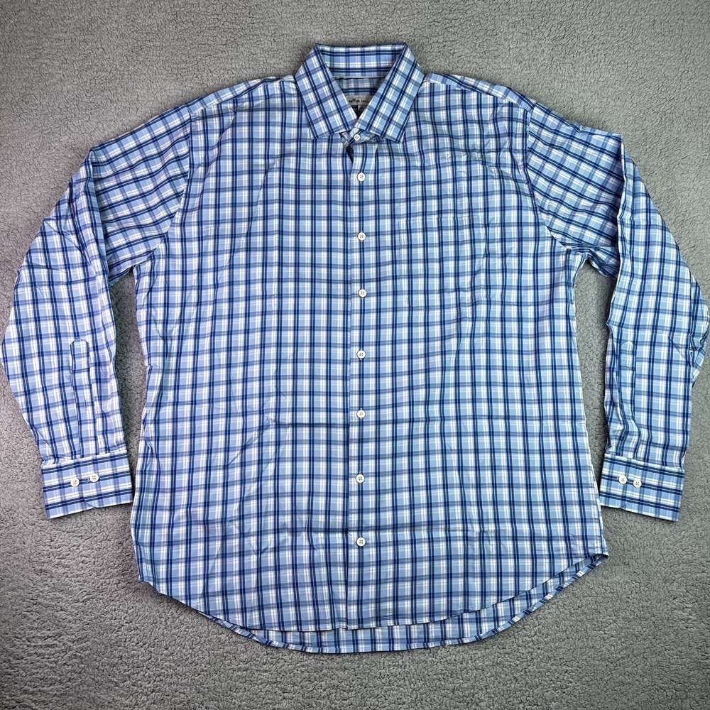 Peter Millar Size XL  Mens Button Up Shirt Pocket Long Sleeve Blue Plaid Stretch